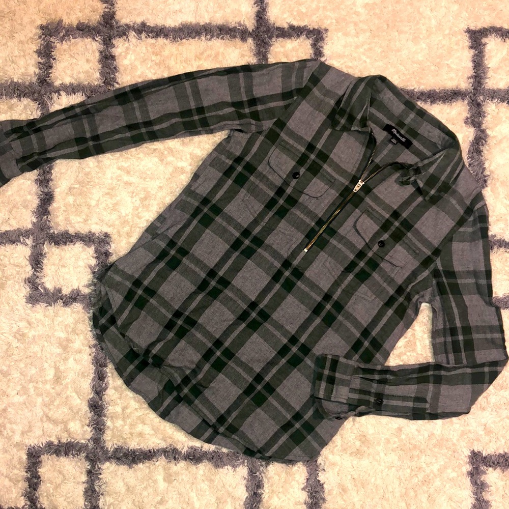 Madewell Zip Front Green Flannel Shirt Popover Size XXS